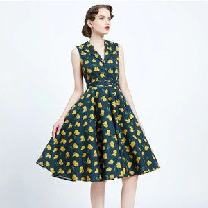 Chic Sleeveless Navy Dress with Yellow Floral Print
